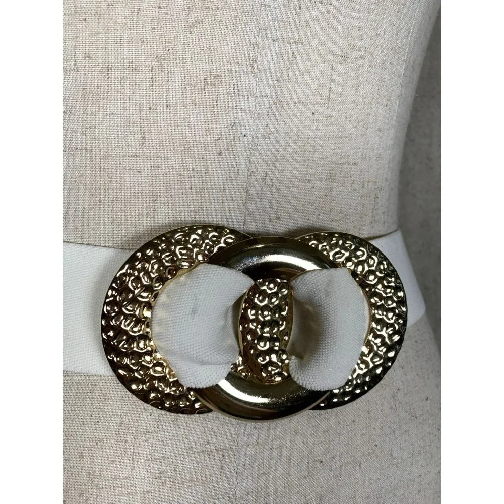 Vintage Statement Belt Womens Gold Accent White Elastic Waist 90s‎ Retro Wide
